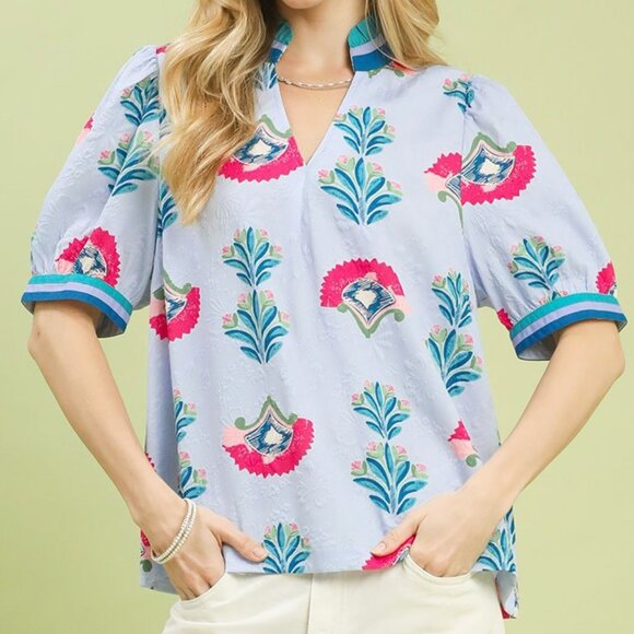 Umgee Tops - NWT Umgee Print Puff Sleeve Blouse with Contrast Trim